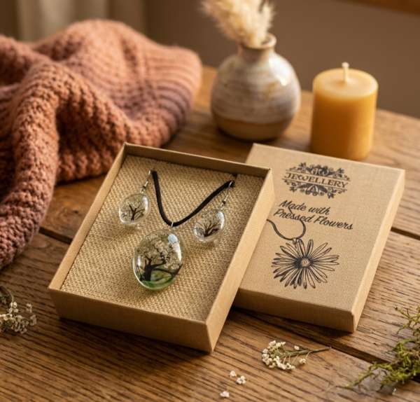 🌸 Bijoux Fleurs Pressées – Arbre de Vie «Hiver Éternel»